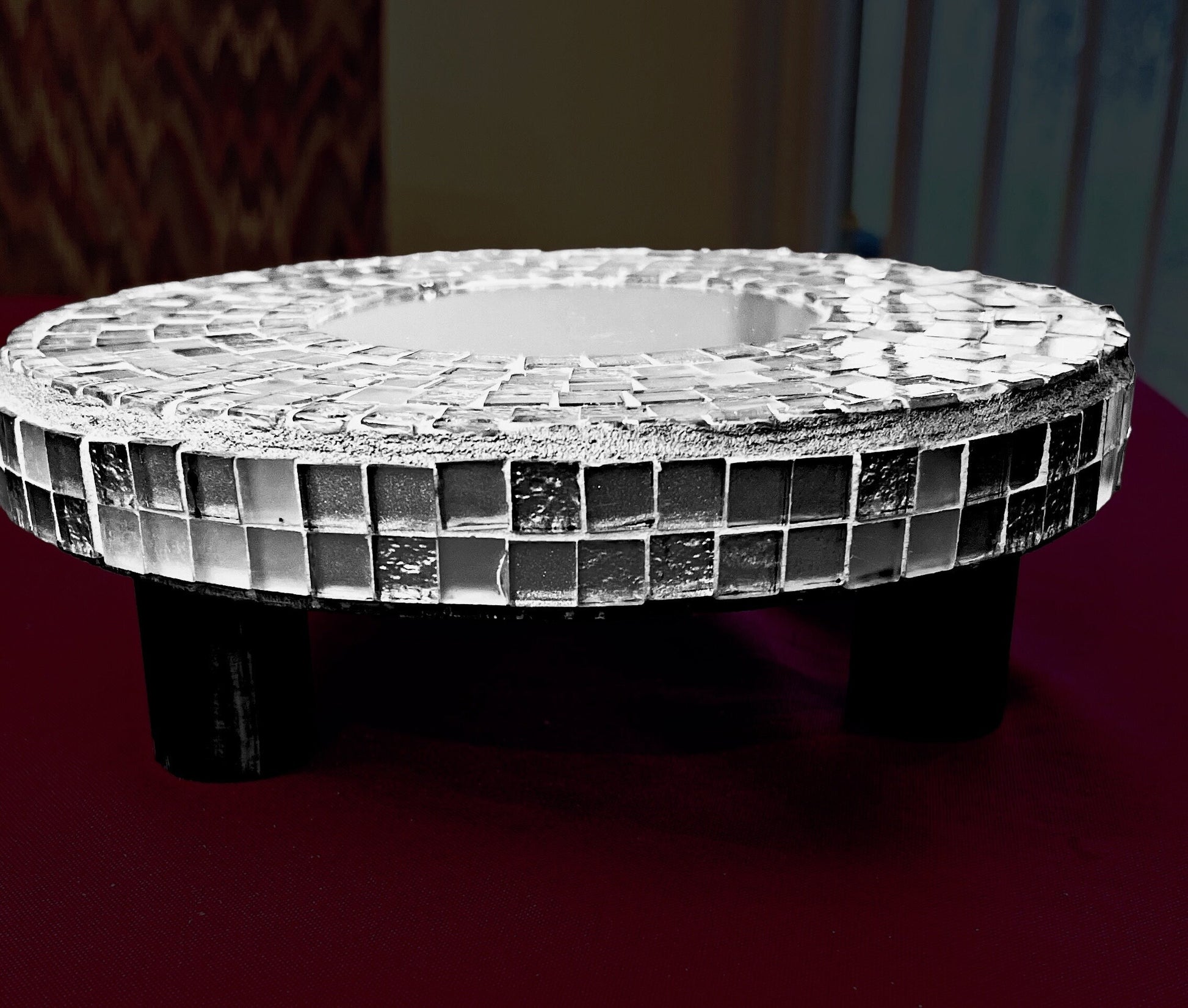 Reflective mirror mosaic pedestal stand by Miss Bette's Creations, featuring a decorative, shiny surface and sturdy base.
