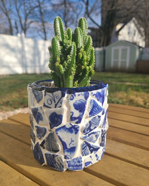 Mosaic Planter | Delft Blue Art | Art Planter | Cactus Pot | Small Decorative Planter | Black White Mosaic | Mosaic Gift