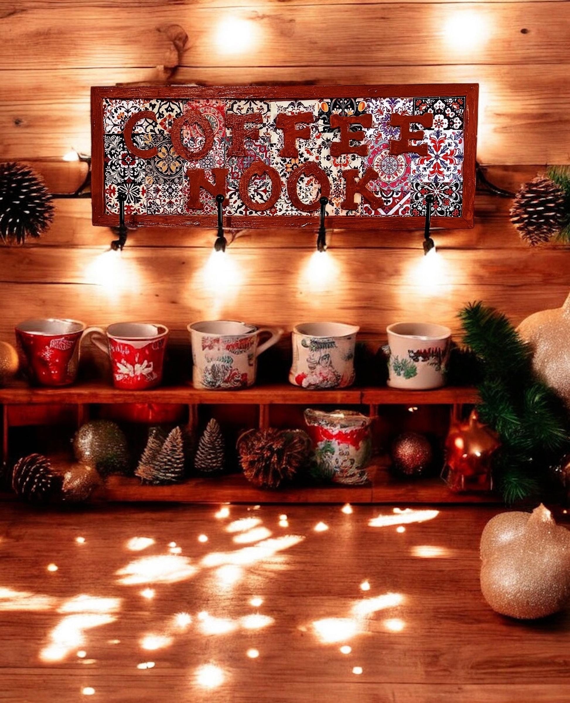 Coffee Nook sign wall hanging, rustic home decor with vintage style, featuring handcrafted wooden design for cozy kitchen or coffee corner.