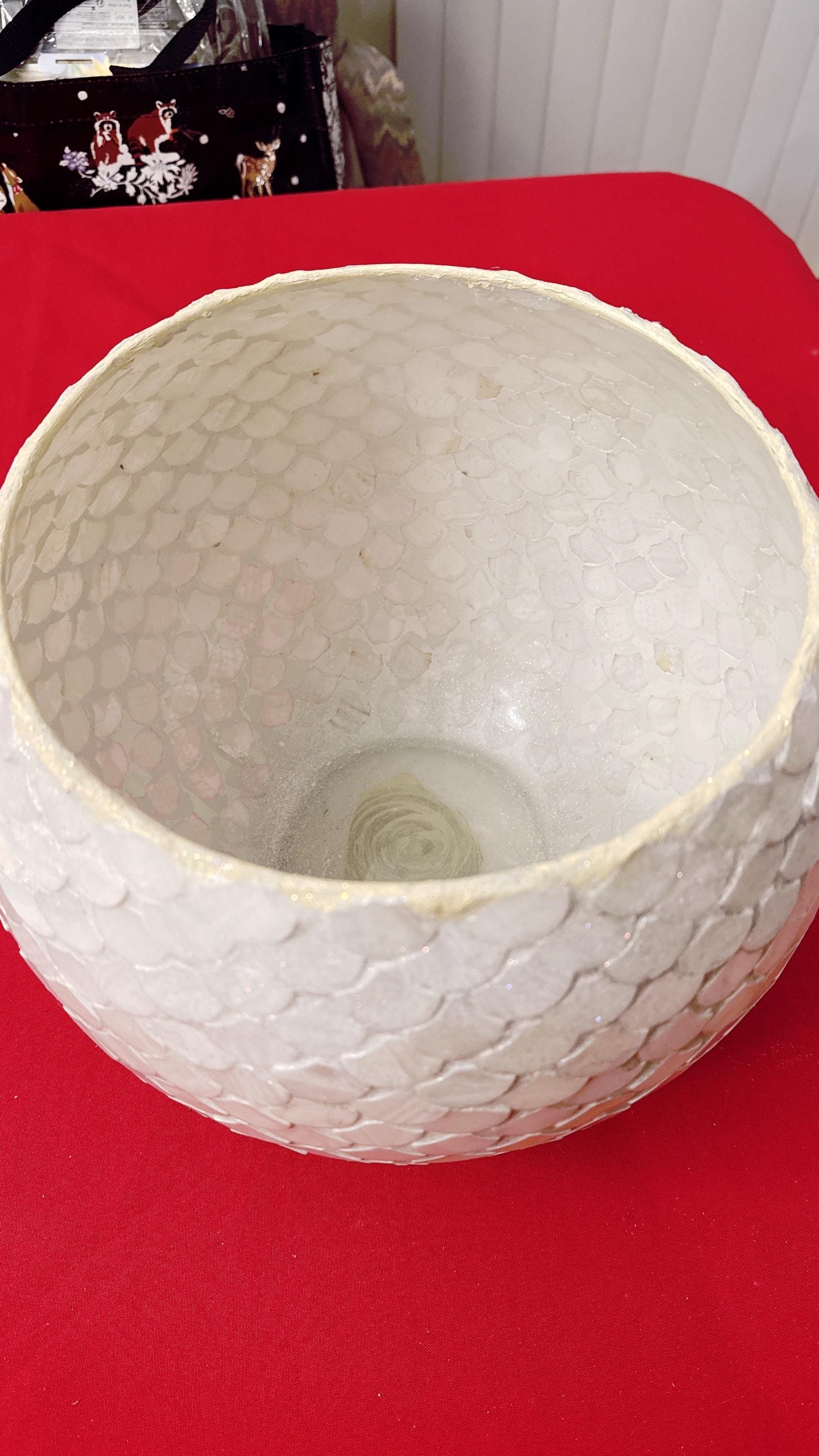 Iridescent white scalloped mosaic bowl with handcrafted design, showcasing shimmering mosaic tiles and elegant scalloped edges.