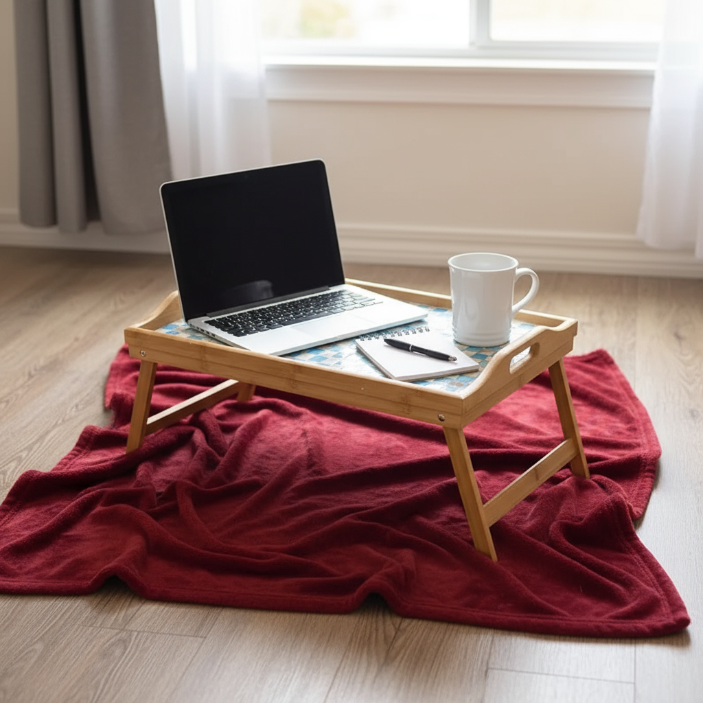 Luxury bamboo bed tray with mosaic inlay, showcasing a smooth wooden surface and decorative mosaic accents for elegant serving.