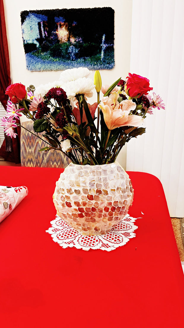 Mother of Pearl Vase | Mosaic Vase | 10 Inch Vase | Decorative Vase | Statement Vase | Round Vase | Unique Vase | Oval Vaae | Planter Vase