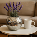 Silver mirror ball disco globe vase with reflective surface and spherical shape, ideal for decorative floral arrangements.