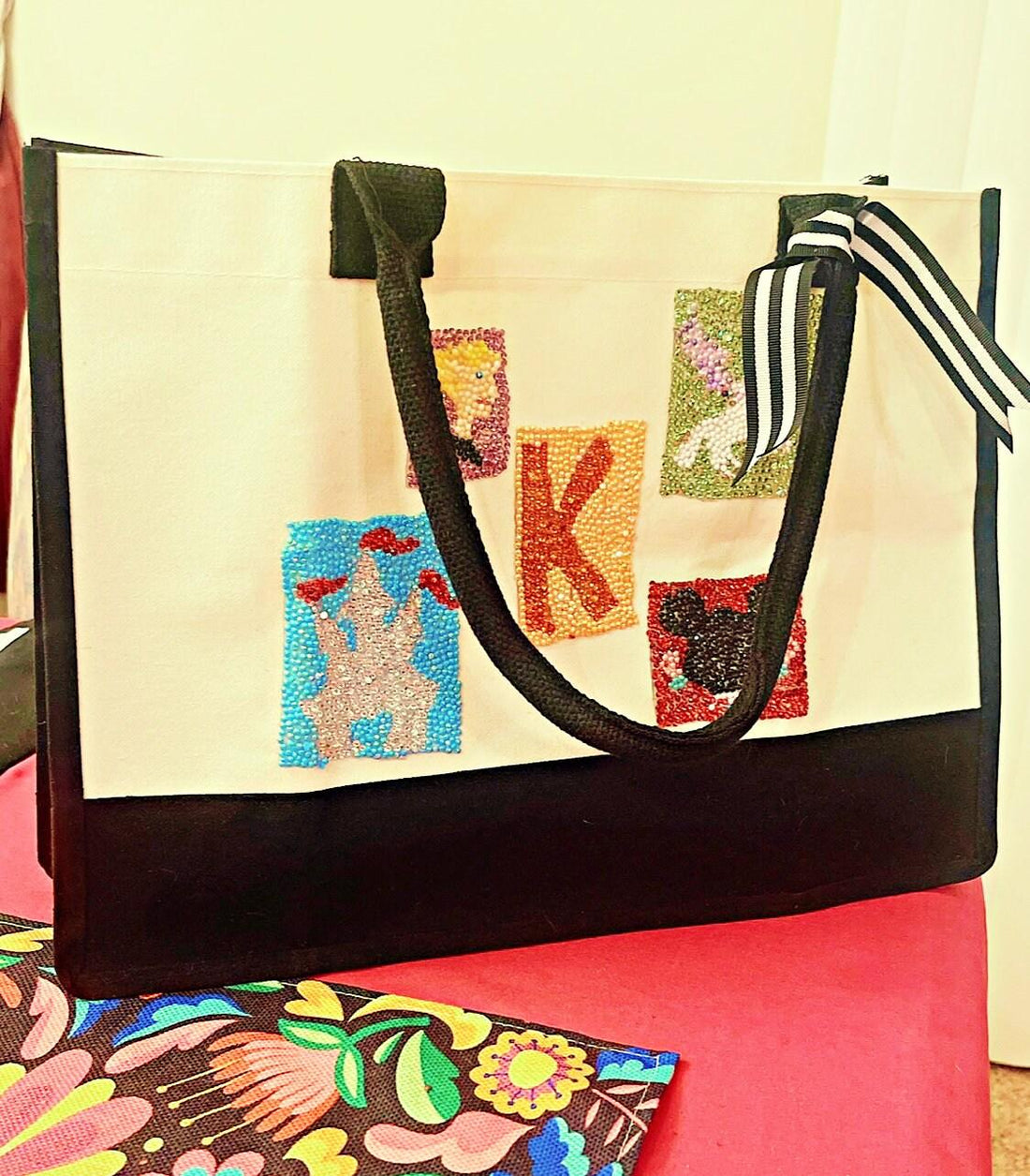 Handmade "K" initial diamond art tote bag featuring fairy tale design and sparkling diamond accents.