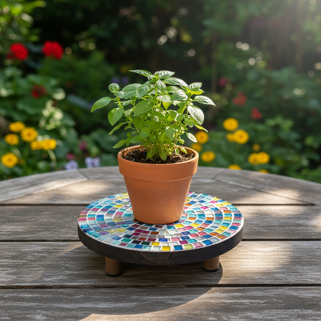 10-inch handcrafted rainbow mosaic plant stand by Miss Bette's Creations with colorful tiled design for indoor or outdoor use