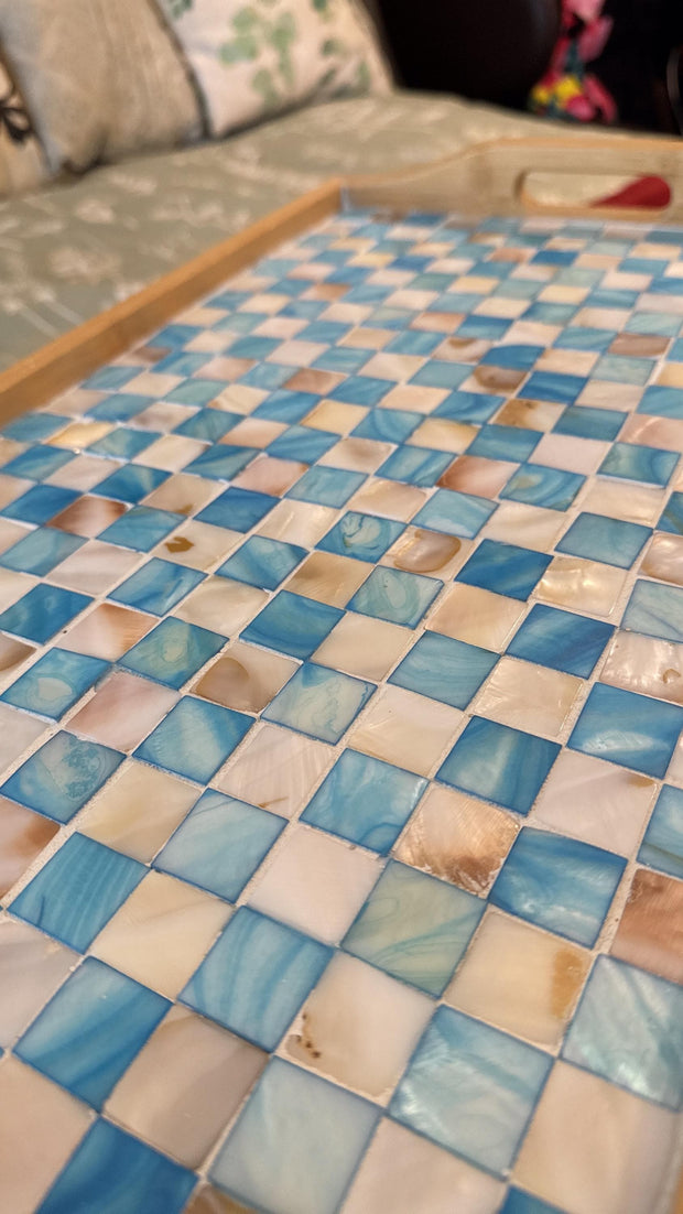 Turquoise Mother of Pearl Mosaic Wooden Bed Tray