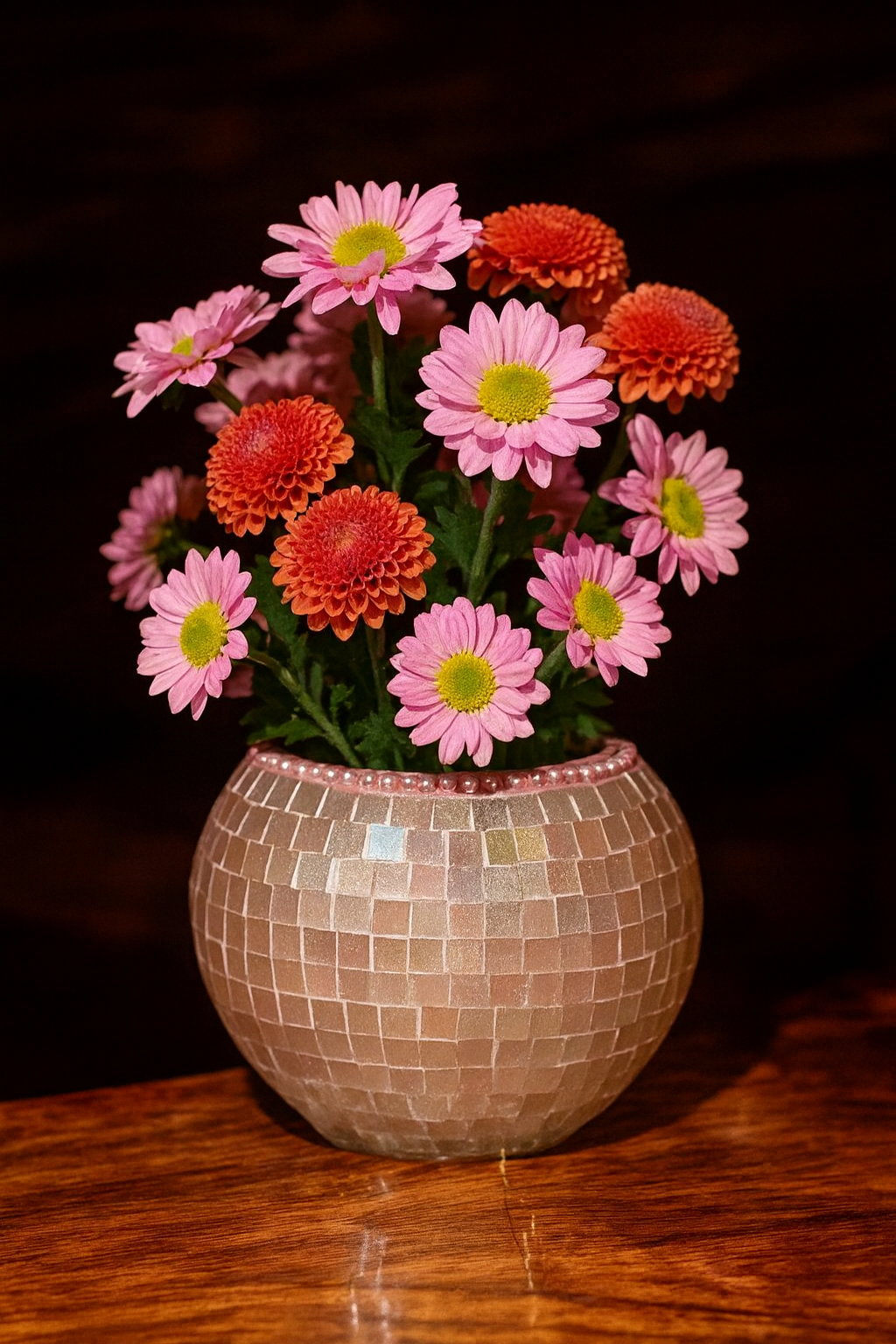 Artisan mauve mosaic globe vase with intricate glass mosaic pattern, crafted by Miss Bette's Creations.