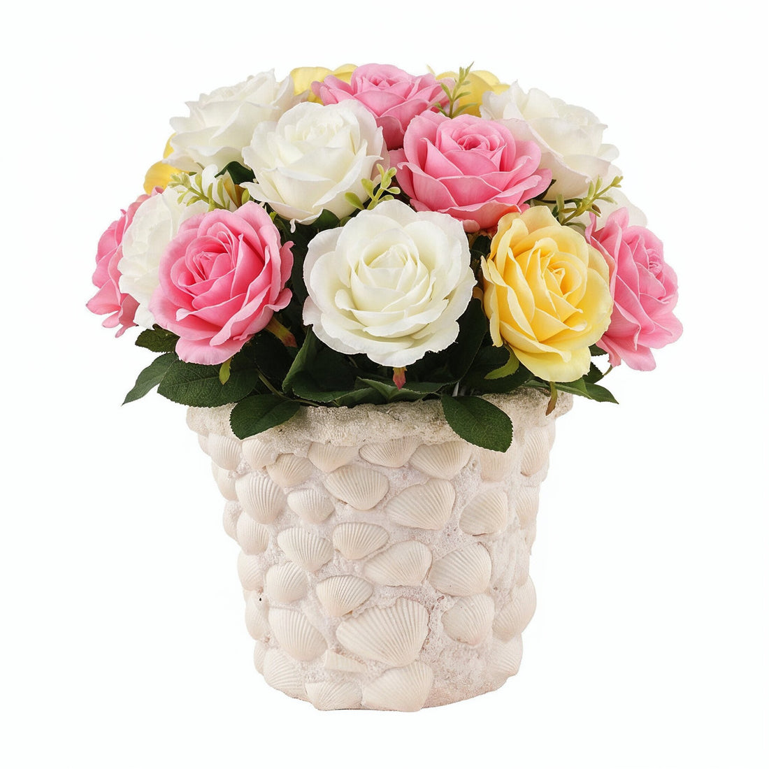 Handcrafted seashell mosaic plant pot with colorful shell patterns, perfect for indoor or outdoor garden decor.