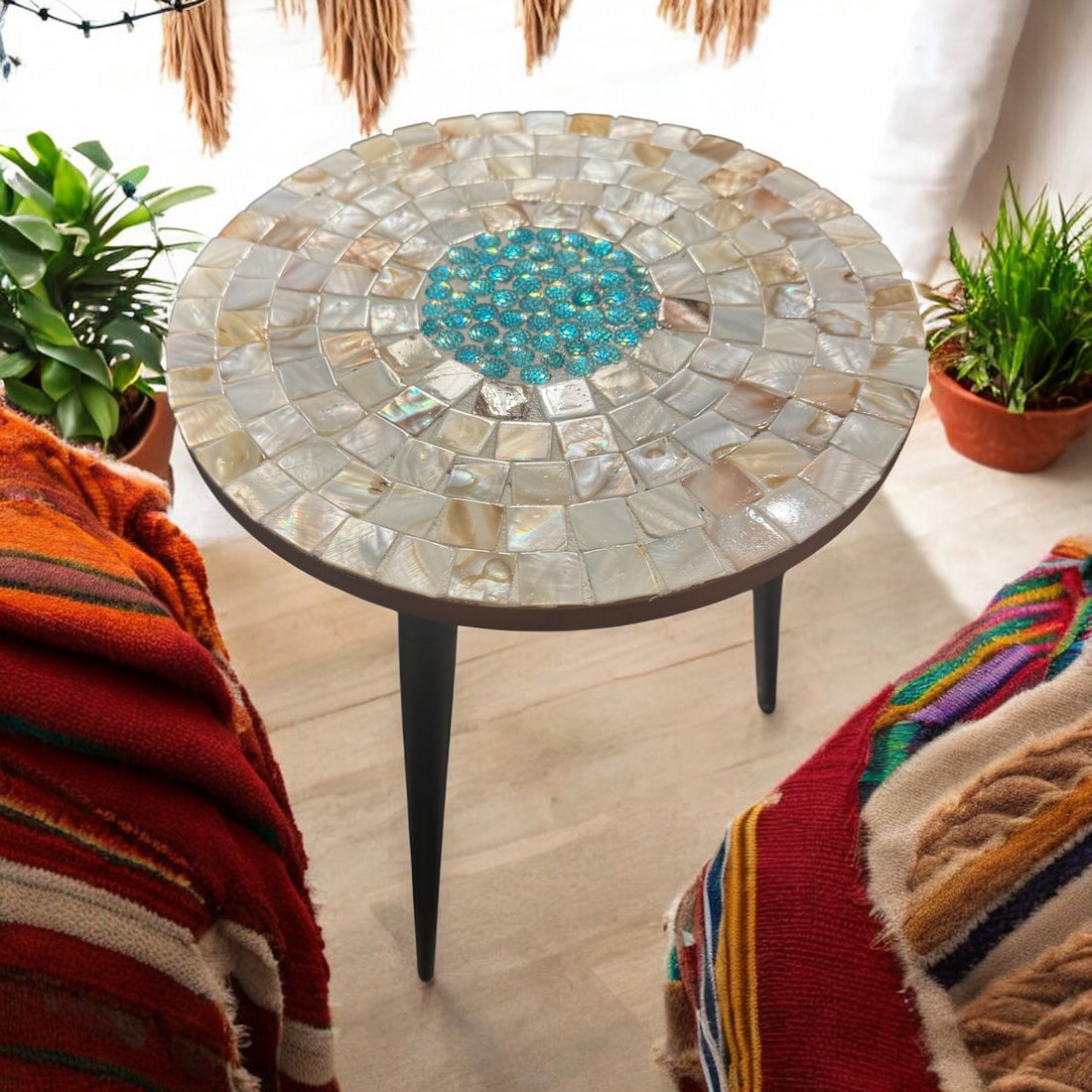 Tall Mother of Pearl Mosaic Plant Stand by Miss Bette's Creations with intricate pearl mosaic design for indoor or outdoor use.