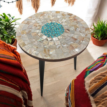 Tall Mother of Pearl Mosaic Plant Stand by Miss Bette's Creations with intricate pearl mosaic design for indoor or outdoor use.