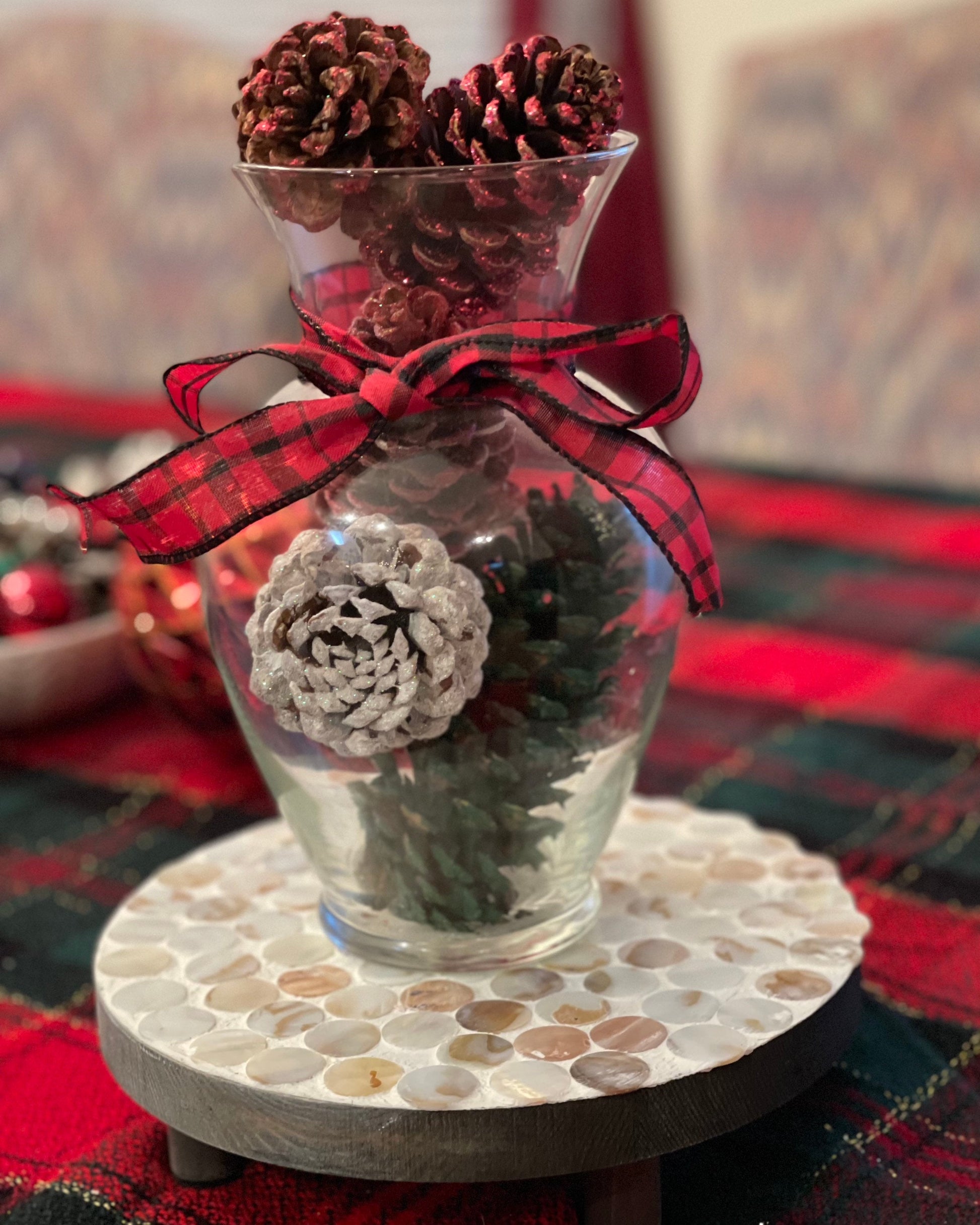 Handmade mother of pearl mosaic decorative stand with penny design by Miss Bette's Creations, featuring intricate pearl patterns.