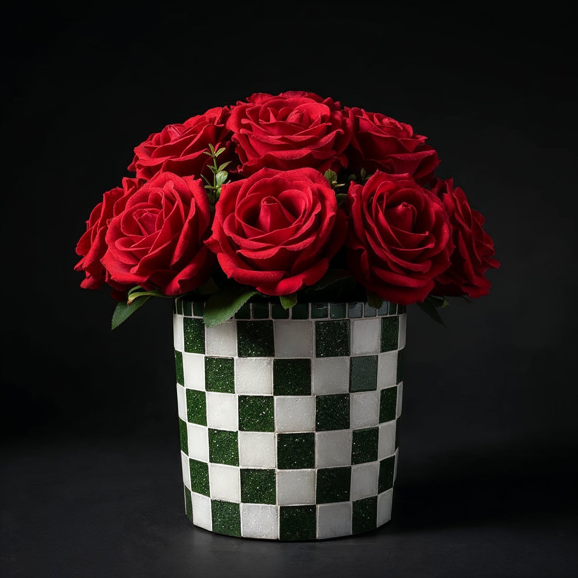 Green and white checkerboard mosaic herb planter with modern design and square shape for indoor or outdoor use.