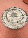 Handcrafted wooden mosaic plant stand with colorful tiled design by Miss Bette's Creations for indoor or outdoor use.