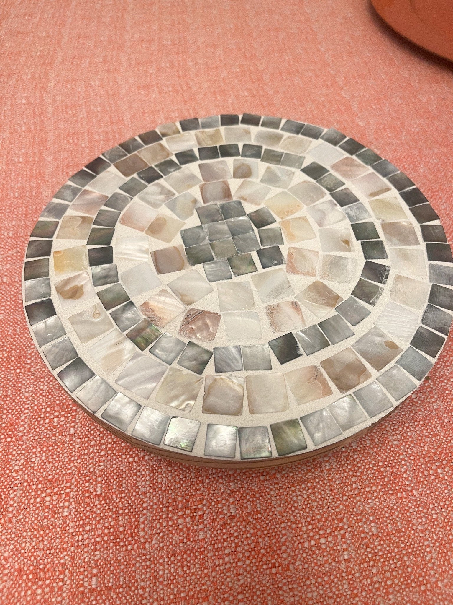 Handcrafted wooden mosaic plant stand with colorful tiled design by Miss Bette's Creations for indoor or outdoor use.
