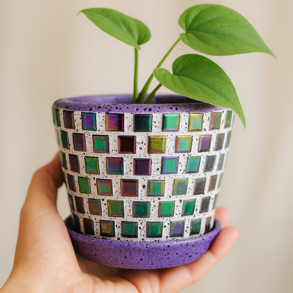 Colorful mosaic flower pot in purple and green with floral design, ideal for indoor or outdoor plant decoration.