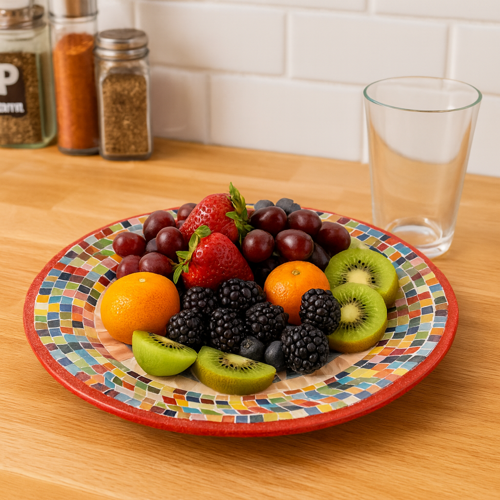 Colorful handcrafted mosaic fruit bowl with vibrant patterns, showcasing a unique artisan design and bright ceramic finish.