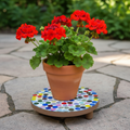 Handcrafted polka dot rainbow mosaic plant stand by Miss Bette's Creations with vibrant colorful tiles and sturdy design.