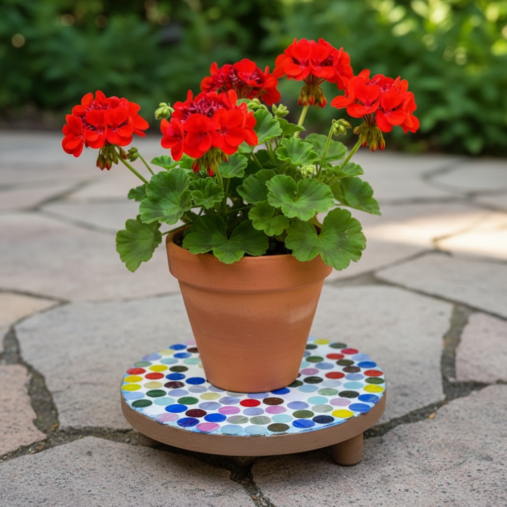 Handcrafted polka dot rainbow mosaic plant stand by Miss Bette's Creations with vibrant colorful tiles and sturdy design.
