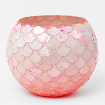 Handcrafted pink ombre mosaic bowl with scalloped edges, featuring intricate mosaic patterns and vibrant colors for decorative use.