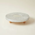 Reflective mirror mosaic pedestal stand with a decorative design, showcasing Miss Bette's Creations craftsmanship.