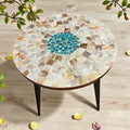 Tall mother of pearl mosaic plant stand by Miss Bette's Creations with intricate tile patterns and a sturdy wooden frame.