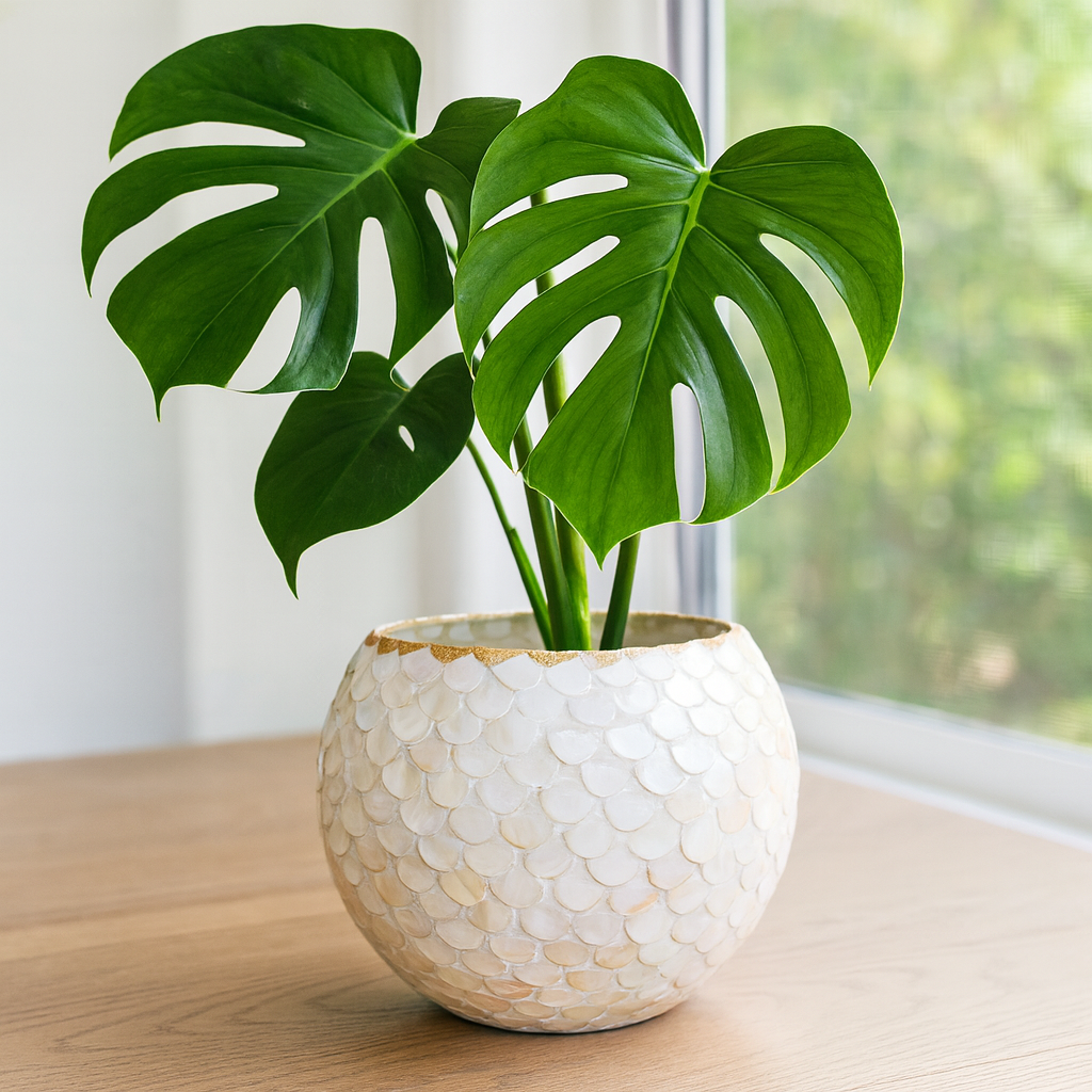 Artisan mother of pearl scalloped globe planter with intricate shell pattern and rounded shape for decorative indoor use