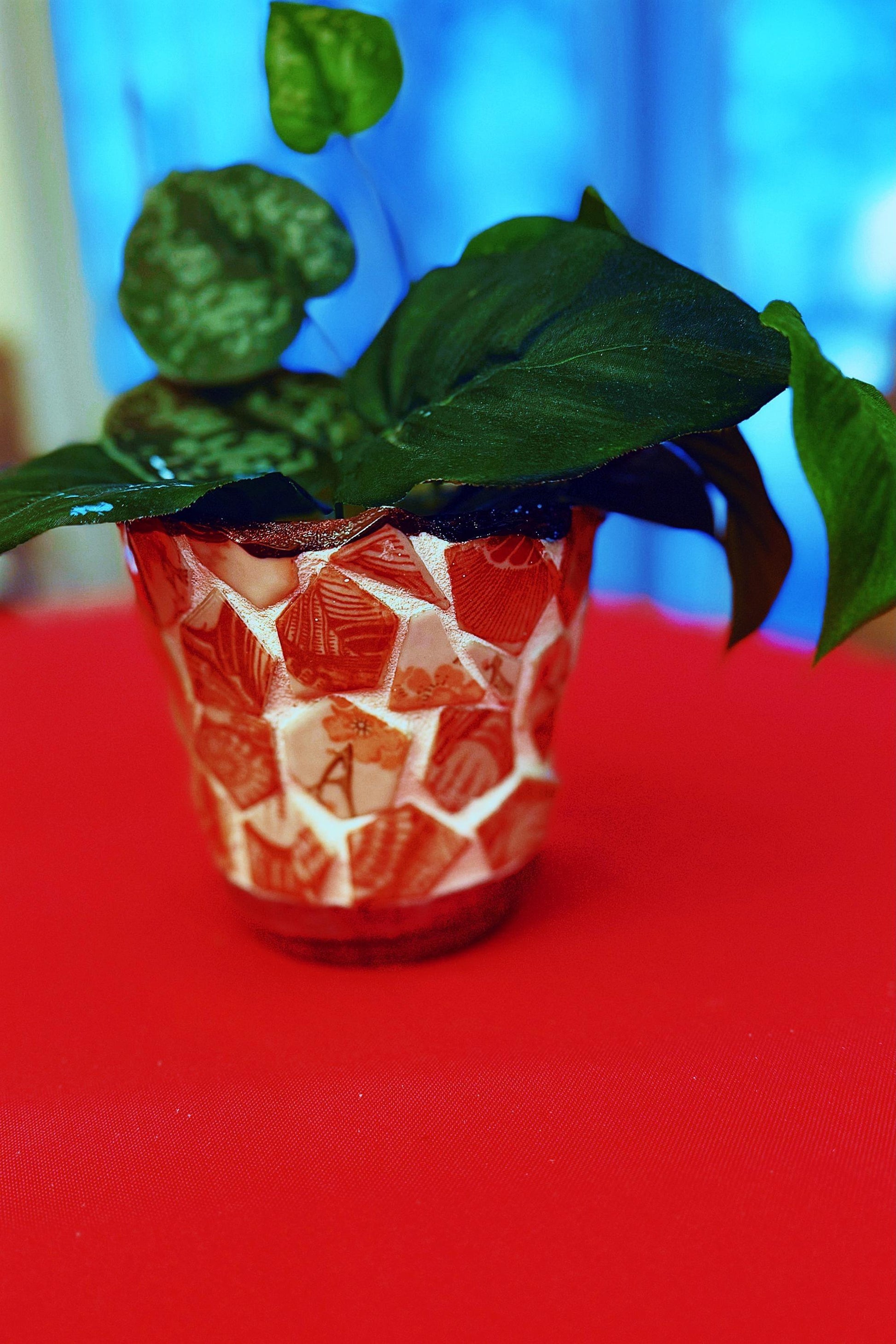 Handcrafted broken china mosaic flower pot with colorful floral design, made by My Store, featuring intricate mosaic patterns.