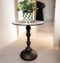 Round side table with 15-inch diameter, 20-inch tall iridescent gray and purple mosaic top on black metal base.