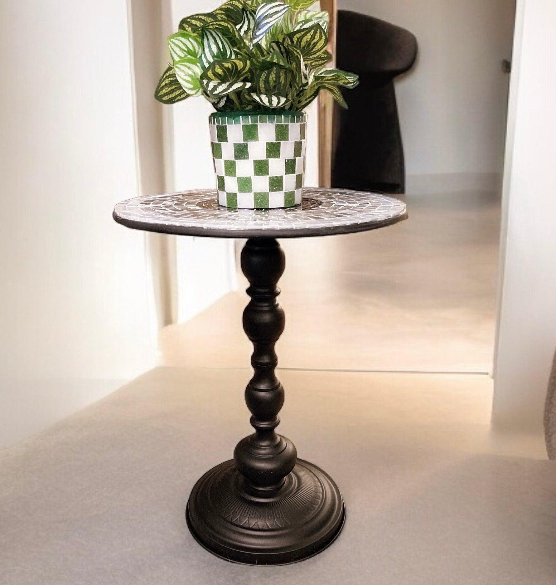Round side table with 15-inch diameter, 20-inch tall iridescent gray and purple mosaic top on black metal base.