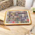 Colorful handcrafted mandala mosaic serving tray with intricate patterns and vibrant tile designs, perfect for serving or decorative use.