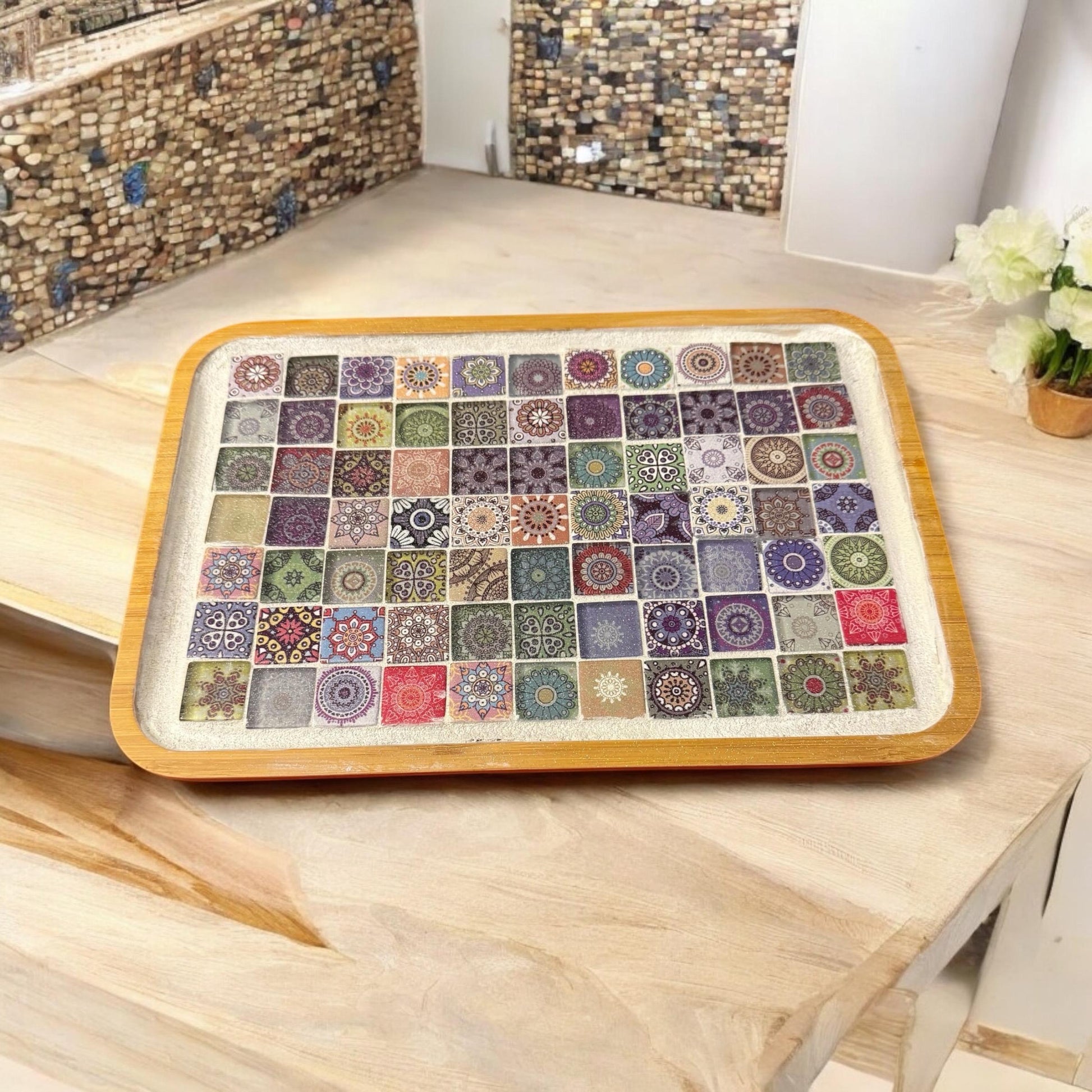 Colorful handcrafted mandala mosaic serving tray with intricate patterns and vibrant tile designs, perfect for serving or decorative use.