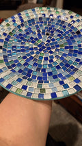 Ocean blue and emerald green mosaic glass plate with intricate patterns, handcrafted by My Store.
