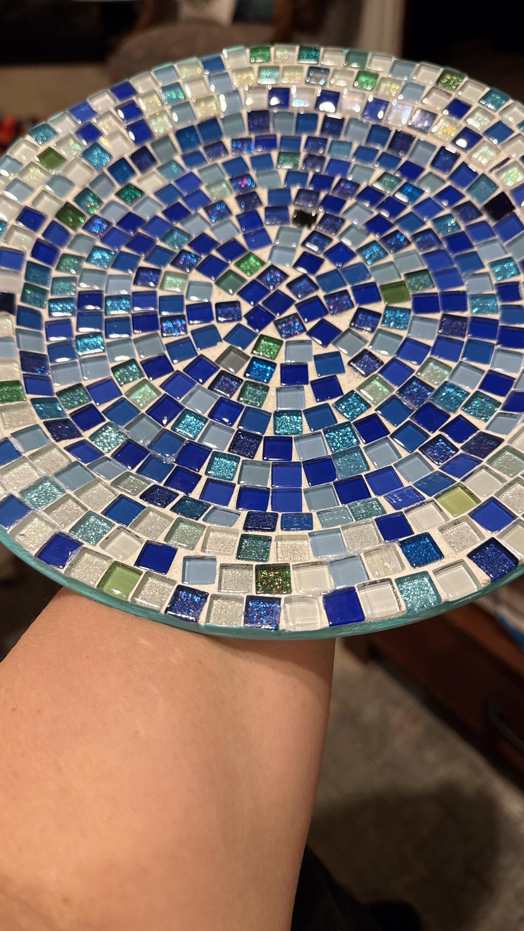 Ocean blue and emerald green mosaic glass plate with intricate patterns, handcrafted by My Store.