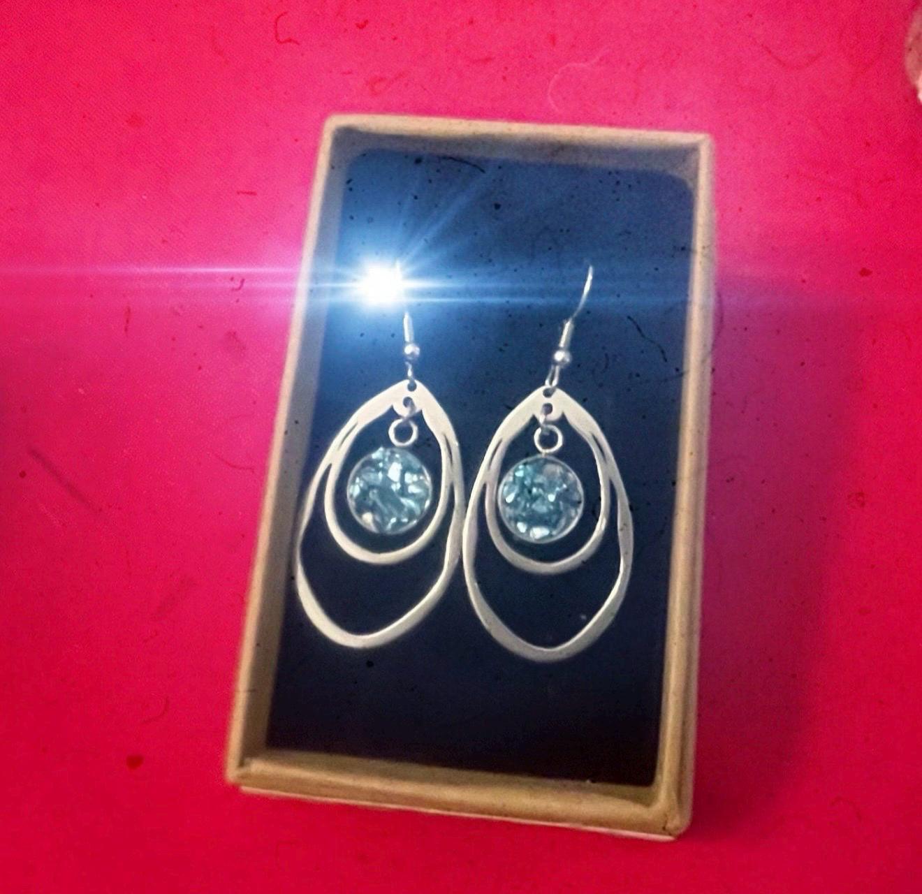 Blue mosaic drusy teardrop earrings with silver hooks, featuring sparkling textured stones in a teardrop shape.