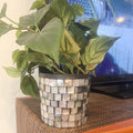 Luminous smoky pearl mosaic vase with intricate glass tile design, suitable as a decorative floral or accent piece.