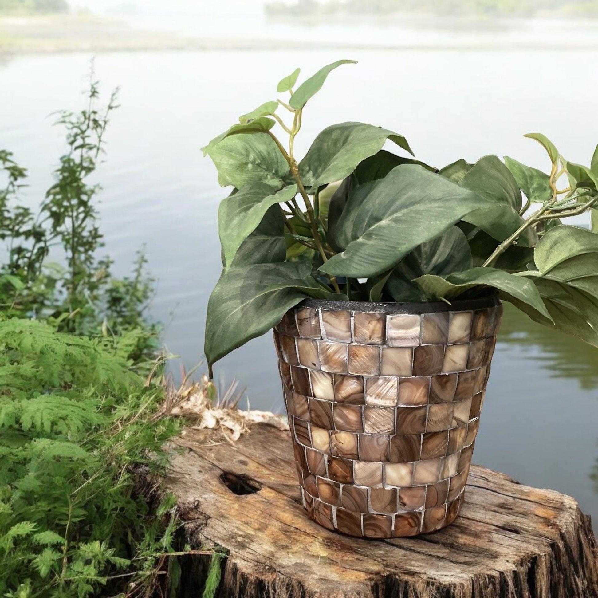 Mocha and cream mosaic Mother of Pearl planter by Miss Bette's Creations, featuring a decorative, glossy ceramic design.