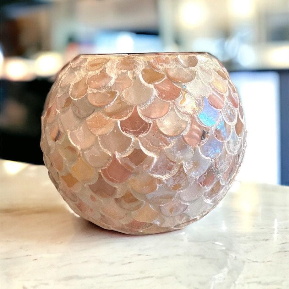 Artisan mother of pearl scalloped globe planter with intricate shell design, perfect for indoor or outdoor decorative use.