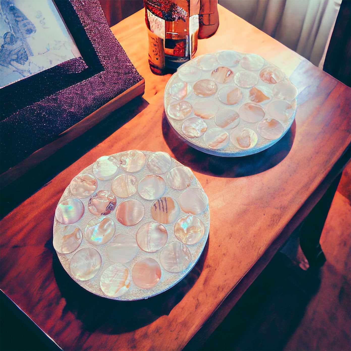 Handcrafted mother of pearl mosaic planter with intricate design, showcasing a decorative ceramic planter for indoor or outdoor use.