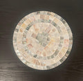 Handcrafted wooden mosaic plant stand with colorful tile pattern, sturdy design, ideal for indoor or outdoor plants.