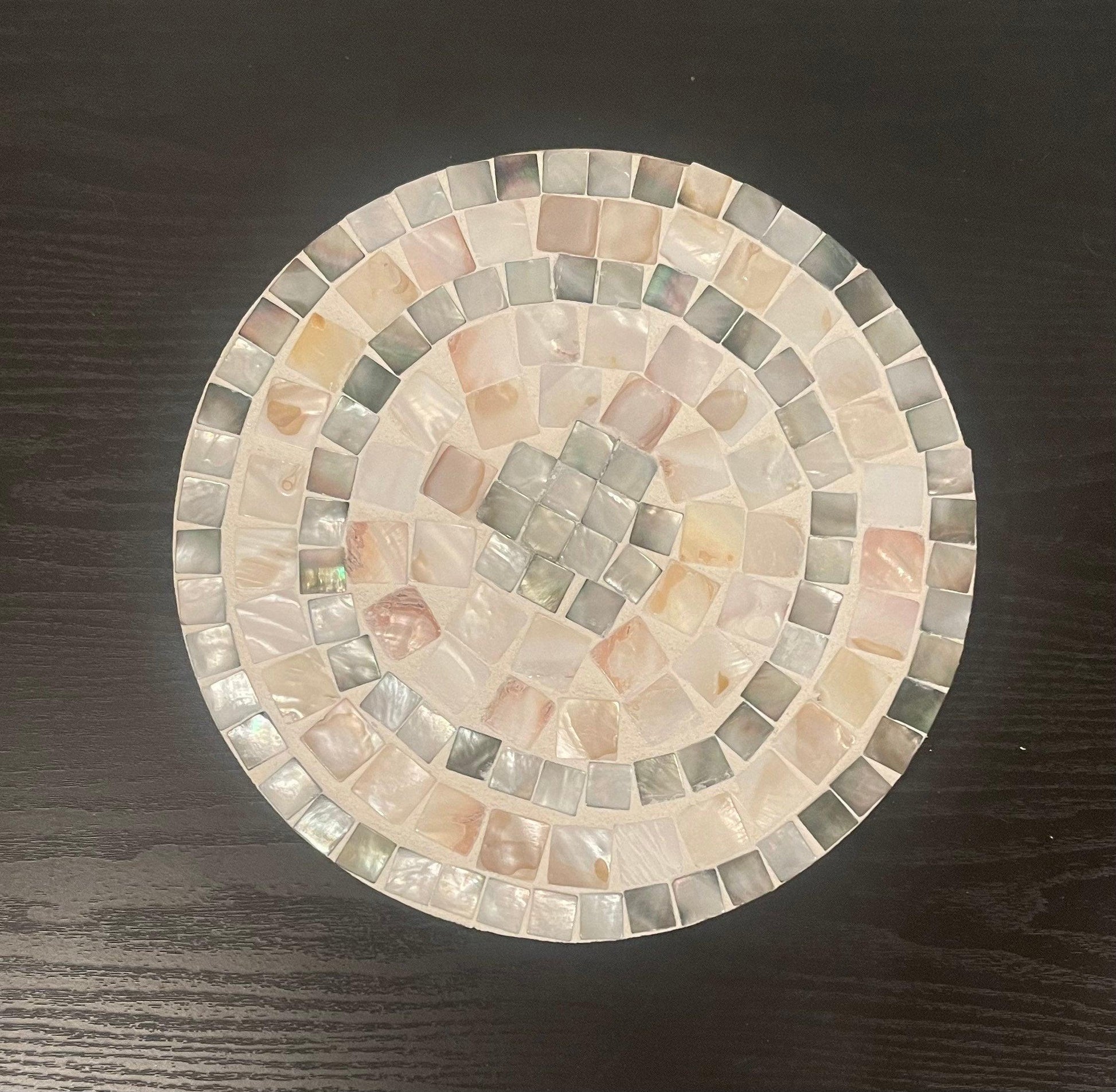 Handcrafted wooden mosaic plant stand with colorful tile pattern, sturdy design, ideal for indoor or outdoor plants.
