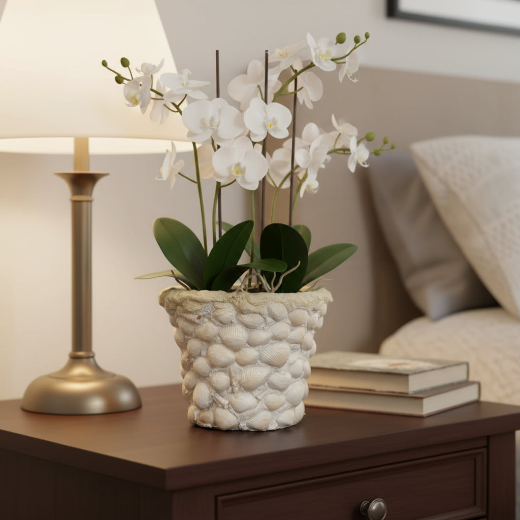 Handcrafted seashell mosaic plant pot with colorful shell patterns on ceramic surface, ideal for indoor or outdoor plants.