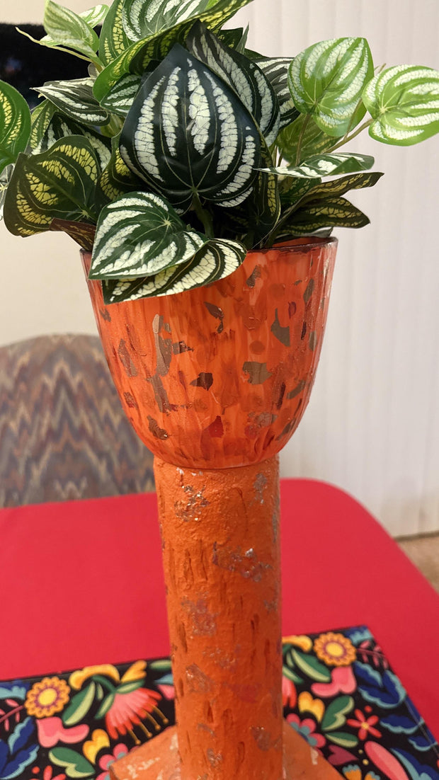 Tall Orange Decorative Planter| Handmade | Burnt Orange | Handpainted| Plant Tower | Recycled Materials