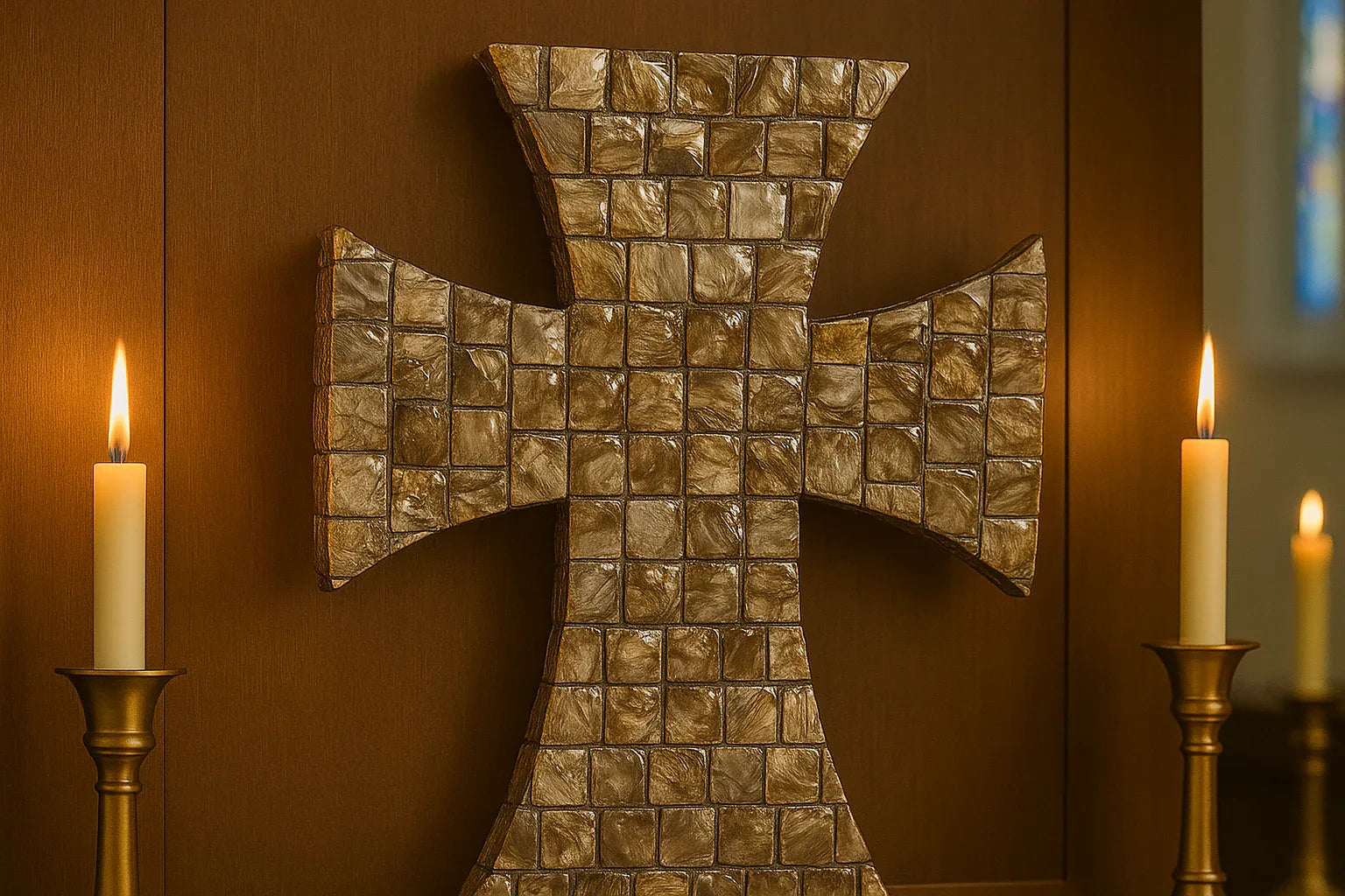 Mother of Pearl mosaic cross featuring iridescent pearl tiles and intricate design, ideal for religious or decorative purposes.