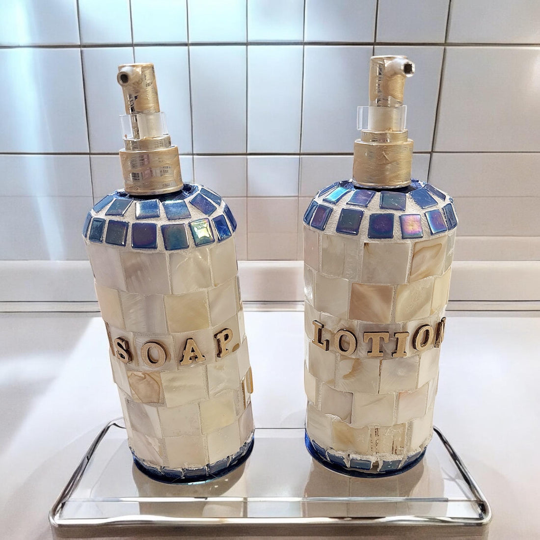 Handcrafted mother of pearl mosaic soap with intricate design, showcasing a luxurious and artistic soap bar.