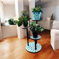 3-tier Azure mosaic plant stand with colorful ceramic tiles and metal frame, perfect for displaying potted plants indoors or outdoors.