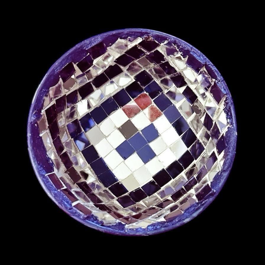 Handcrafted blue and silver mosaic disco bowl with intricate patterns, perfect for decorative or serving purposes.