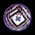 Blue and silver mosaic disco bowl with handcrafted design, featuring intricate patterns and a shiny, reflective surface.