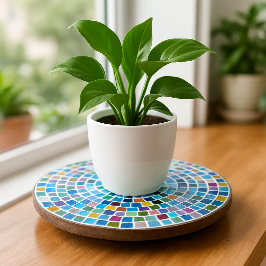 Handcrafted round rainbow mosaic plant stand with colorful glass tiles and sturdy metal frame, ideal for indoor or outdoor plants.