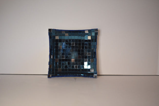 Sparkling Blue Glass Mosaic Candy Dish. Small Square Dish.