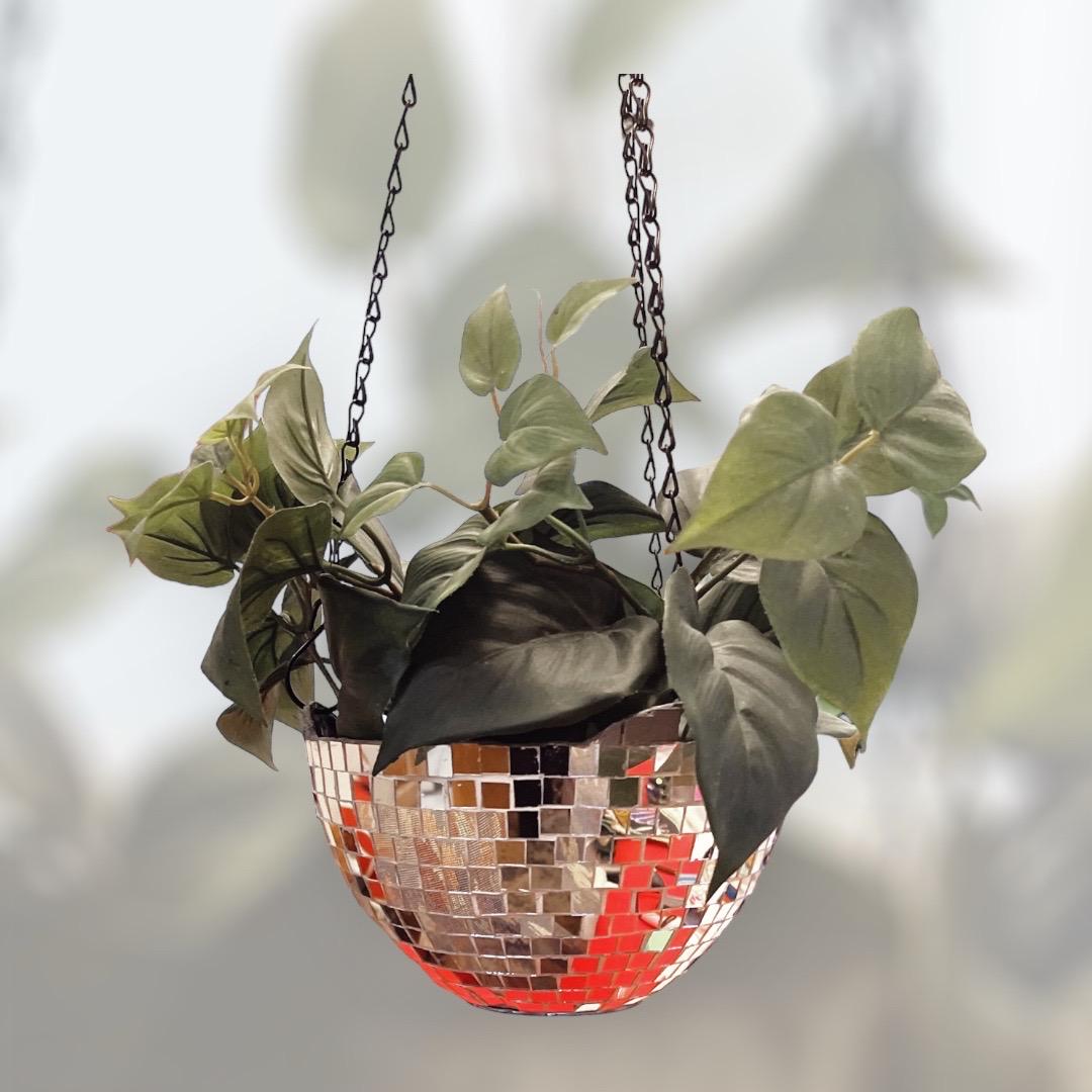 Hanging disco ball planter with artificial pink carnations, glossy surface, decorative home decor by Miss Bette's Creations